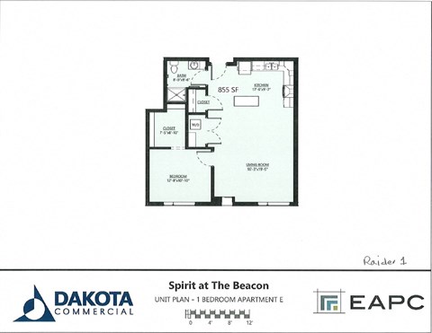 Floor plan for 1 bed, 1 bath, 855 sqft